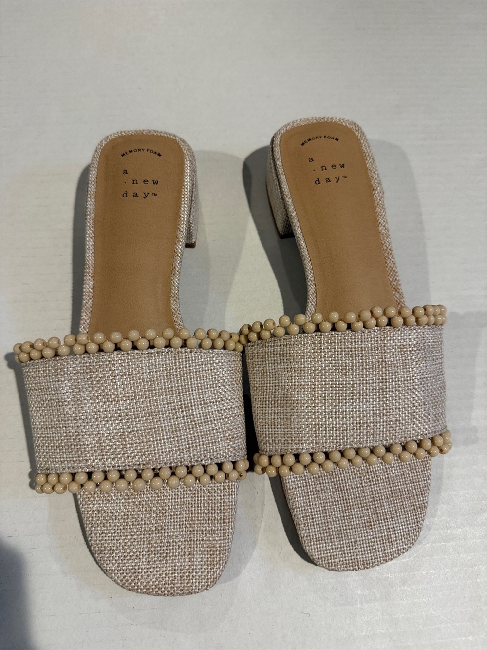 a new day Natural Beaded Wide-Strap Slide Sandals